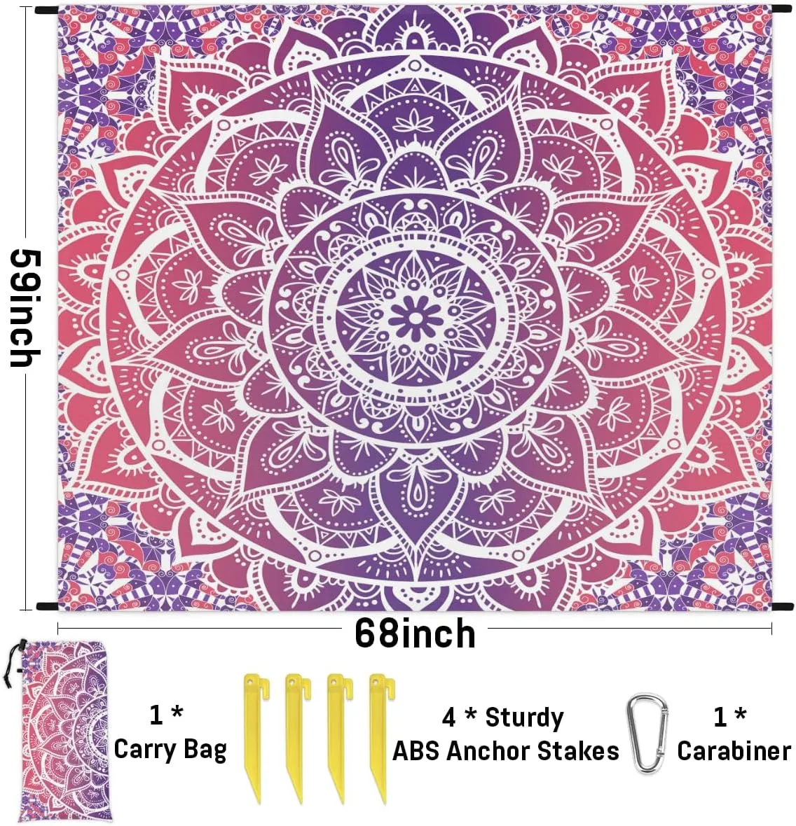 Beach Blanket, Mandala Sandproof Beach Mat, Waterproof Quick Drying Sand Free Mat with 4 x Ground Spikes for Outdoor Travel Camping Hiking, Boho Mandala 68 x 59 in