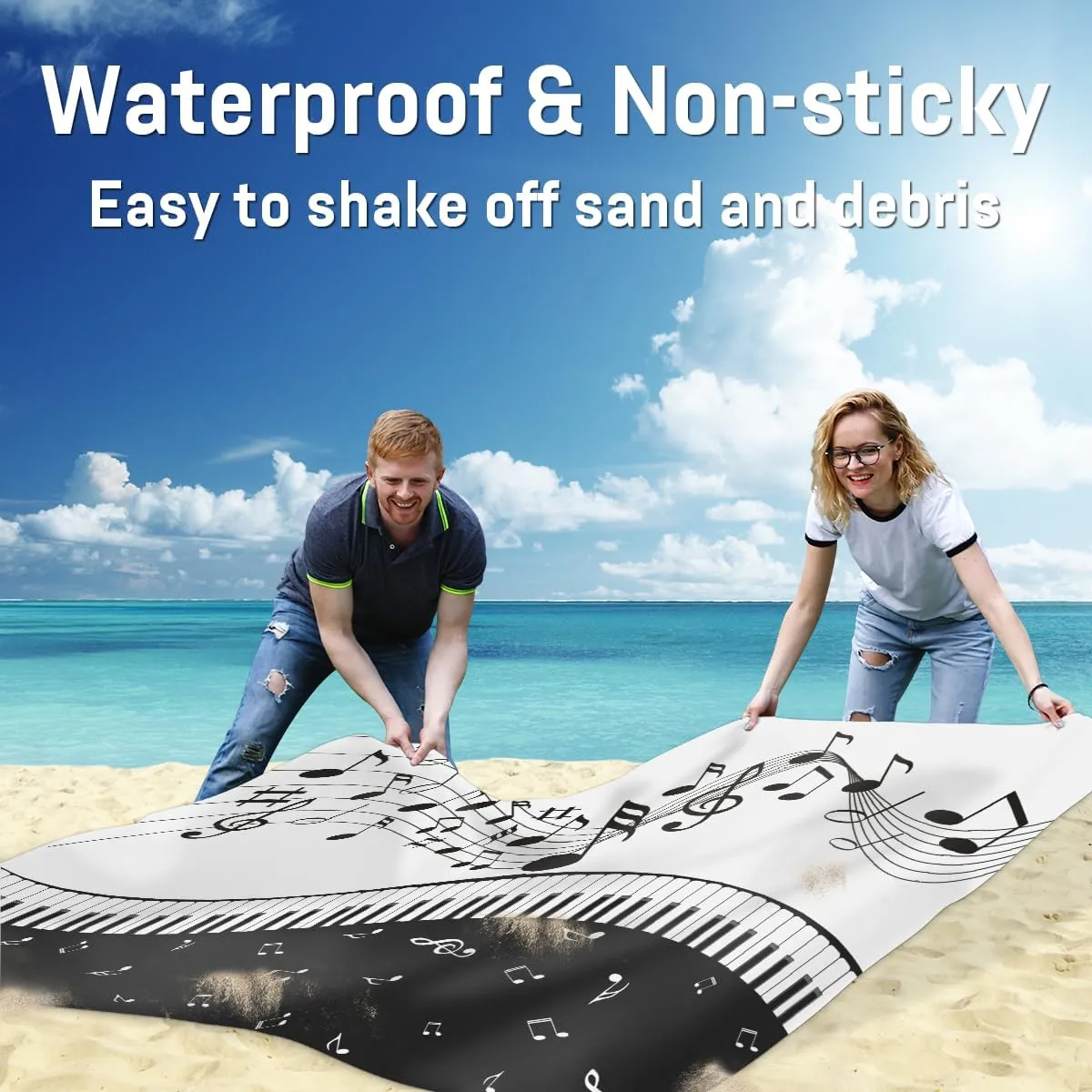 Beach Blanket, Piano Keyboard Sandproof Beach Mat, Waterproof Quick Drying Sand Free Mat with 4 x Ground Spikes for Outdoor Travel Camping Hiking, Music Note 68 x 59 in