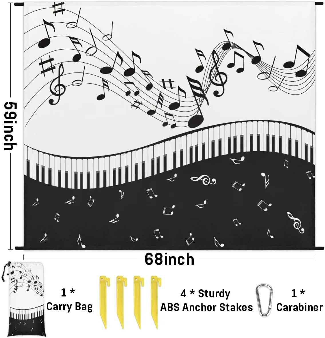 Beach Blanket, Piano Keyboard Sandproof Beach Mat, Waterproof Quick Drying Sand Free Mat with 4 x Ground Spikes for Outdoor Travel Camping Hiking, Music Note 68 x 59 in