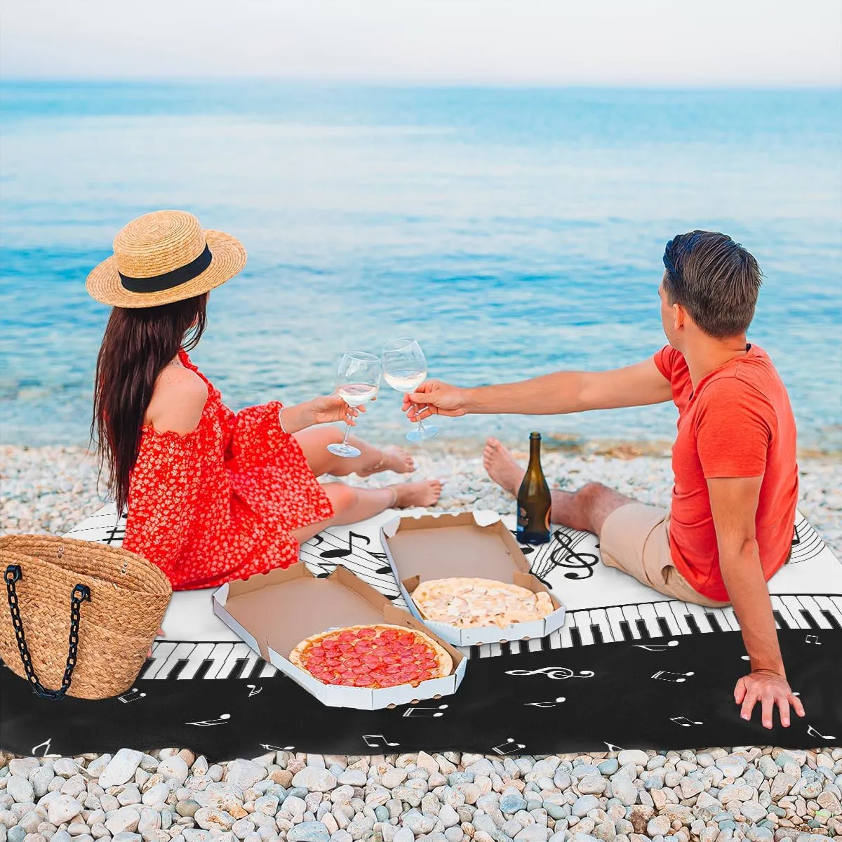 Beach Blanket, Piano Keyboard Sandproof Beach Mat, Waterproof Quick Drying Sand Free Mat with 4 x Ground Spikes for Outdoor Travel Camping Hiking, Music Note 68 x 59 in