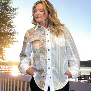 Beach Garden Long Sleeve Flower and Striped Detailed Pattern Oversized Button up Shirt| Cottage Beach