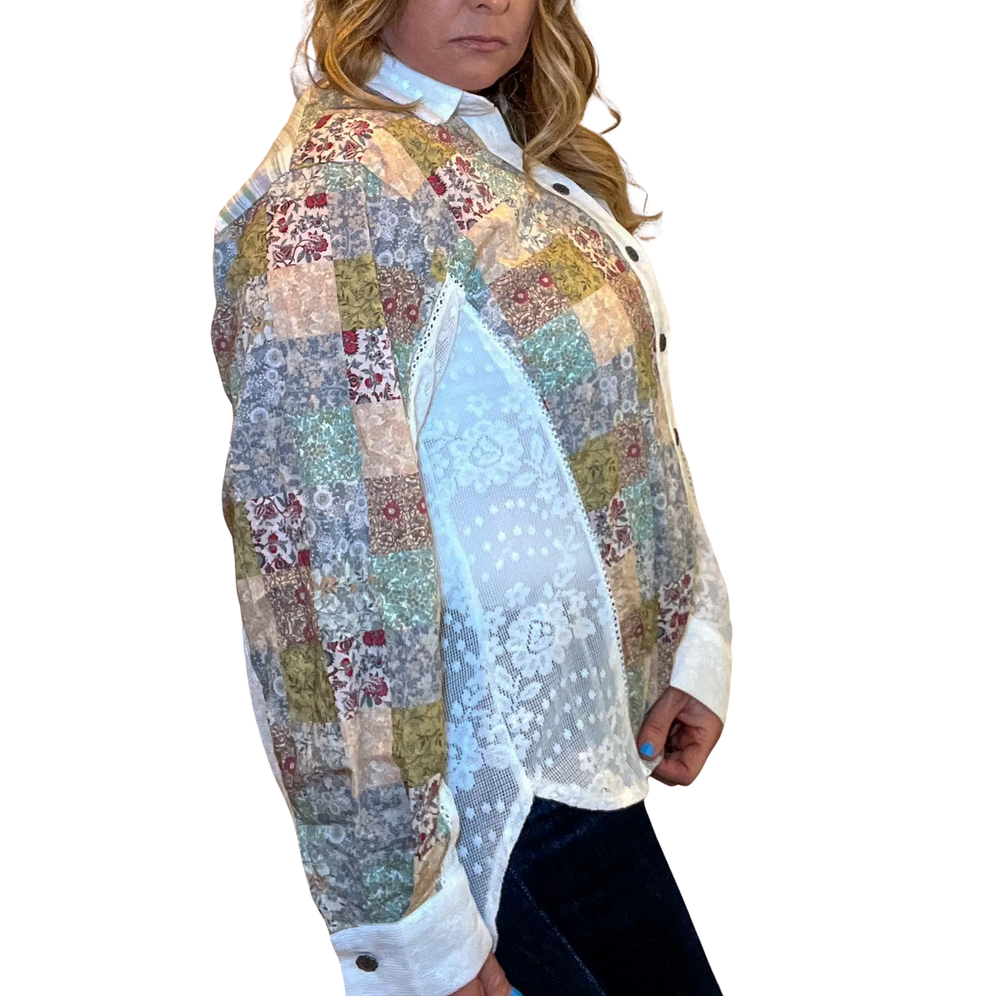 Beach Garden Long Sleeve Flower and Striped Detailed Pattern Oversized Button up Shirt| Cottage Beach