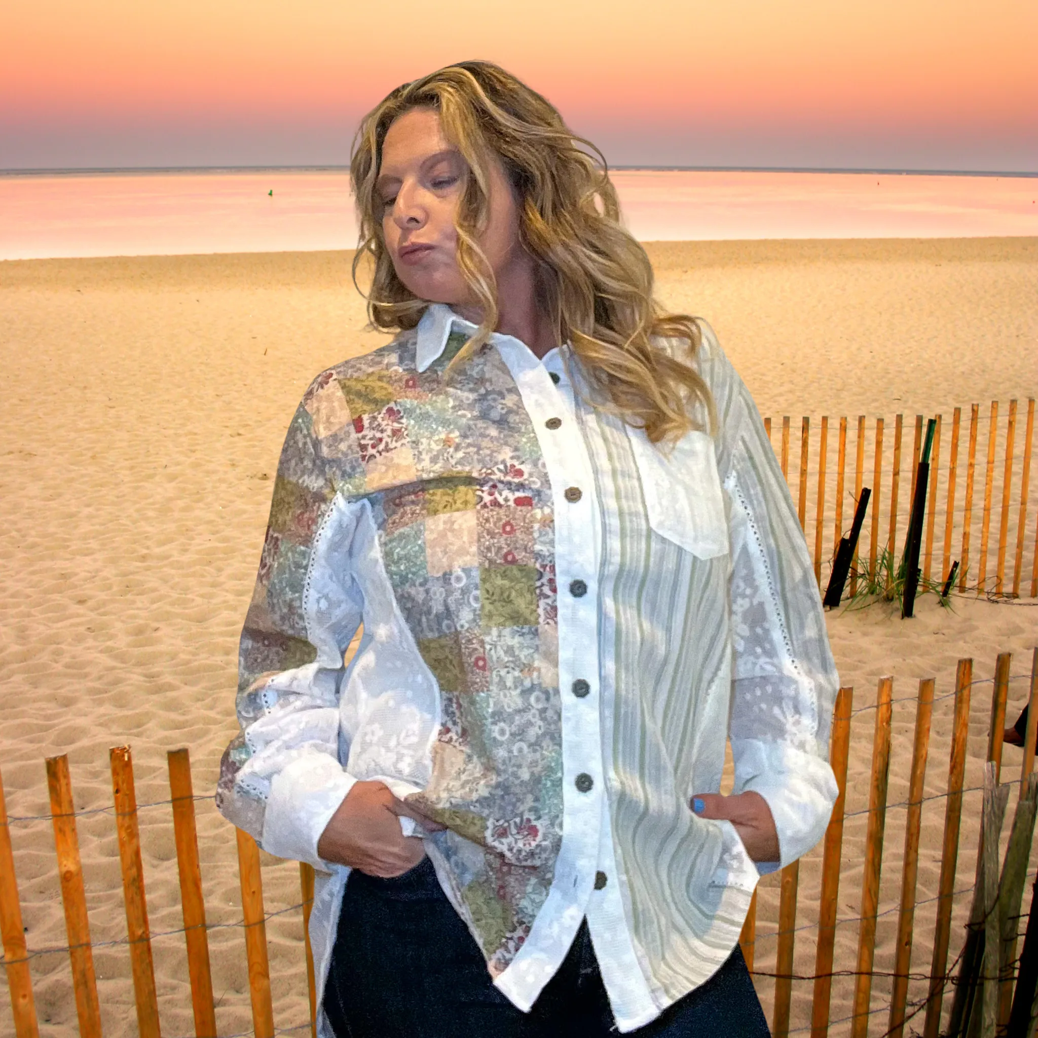 Beach Garden Long Sleeve Flower and Striped Detailed Pattern Oversized Button up Shirt| Cottage Beach