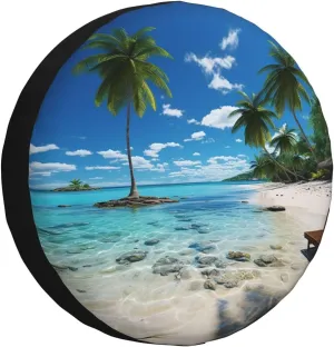 Beach Palm Tree Tire Cover Outdoor Waterproof Snow Sun Rain Wheel Cover Portable Wheel Bags Camper Spare Tire Cover Universal Car Tire Protectors for Trailer RV SUV