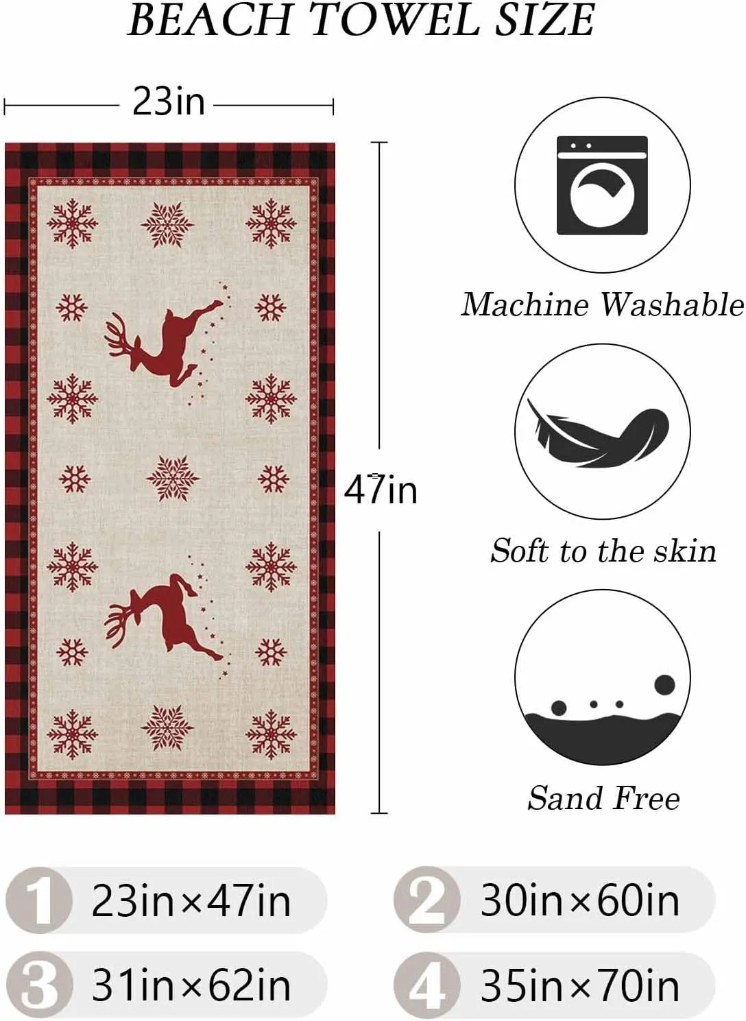 Beach Towel Christmas Snowflake Reindeer Bath Pool Towels Buffalo Check Plaid Sand Free Blanket Quick Dry Lightweight Travel Blankets for Adults Gifts 30x60in