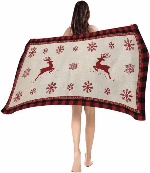 Beach Towel Christmas Snowflake Reindeer Bath Pool Towels Buffalo Check Plaid Sand Free Blanket Quick Dry Lightweight Travel Blankets for Adults Gifts 30x60in