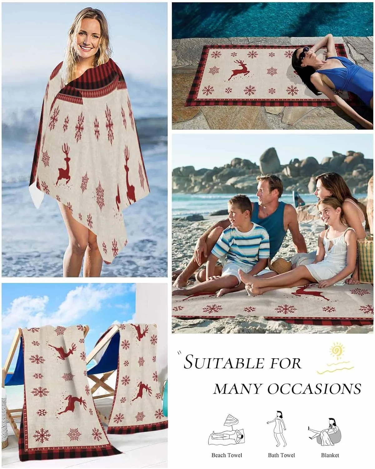 Beach Towel Christmas Snowflake Reindeer Bath Pool Towels Buffalo Check Plaid Sand Free Blanket Quick Dry Lightweight Travel Blankets for Adults Gifts 30x60in