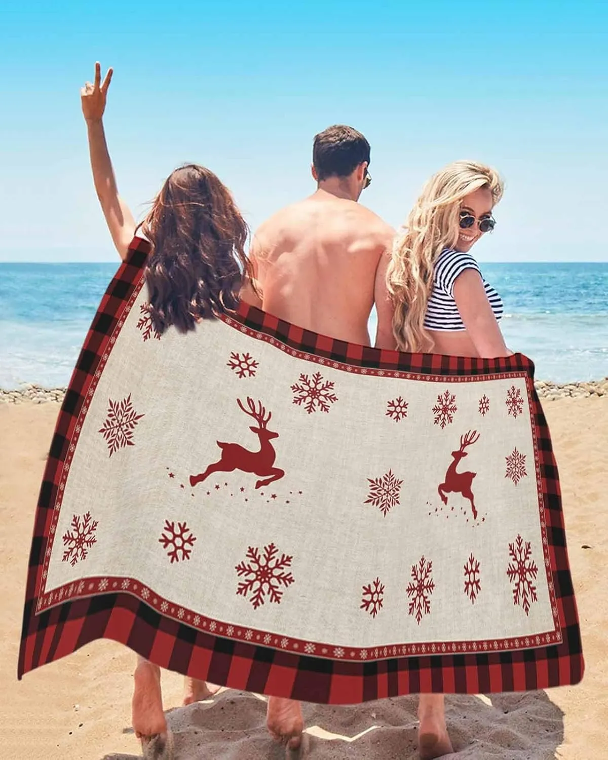 Beach Towel Christmas Snowflake Reindeer Bath Pool Towels Buffalo Check Plaid Sand Free Blanket Quick Dry Lightweight Travel Blankets for Adults Gifts 30x60in