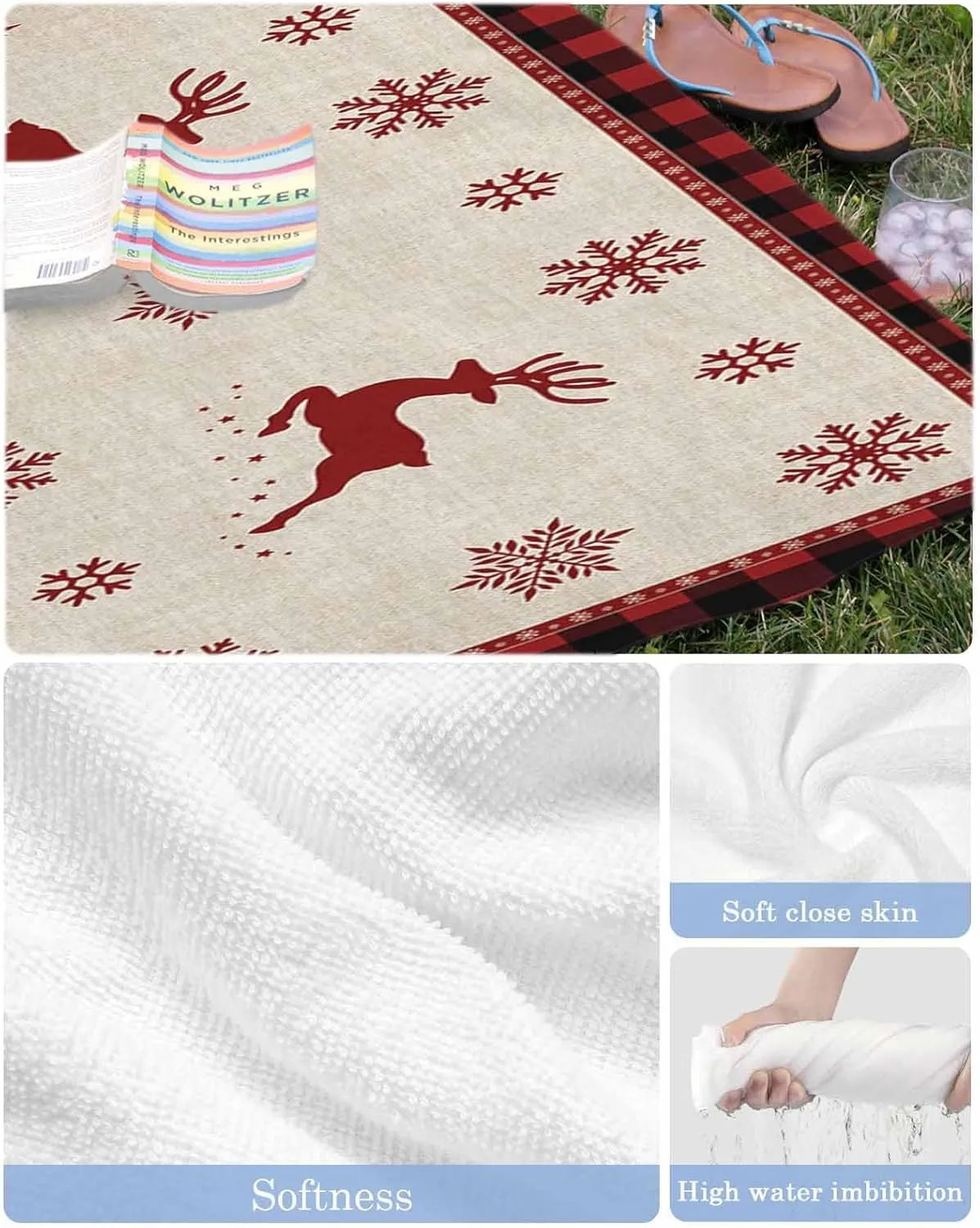Beach Towel Christmas Snowflake Reindeer Bath Pool Towels Buffalo Check Plaid Sand Free Blanket Quick Dry Lightweight Travel Blankets for Adults Gifts 30x60in