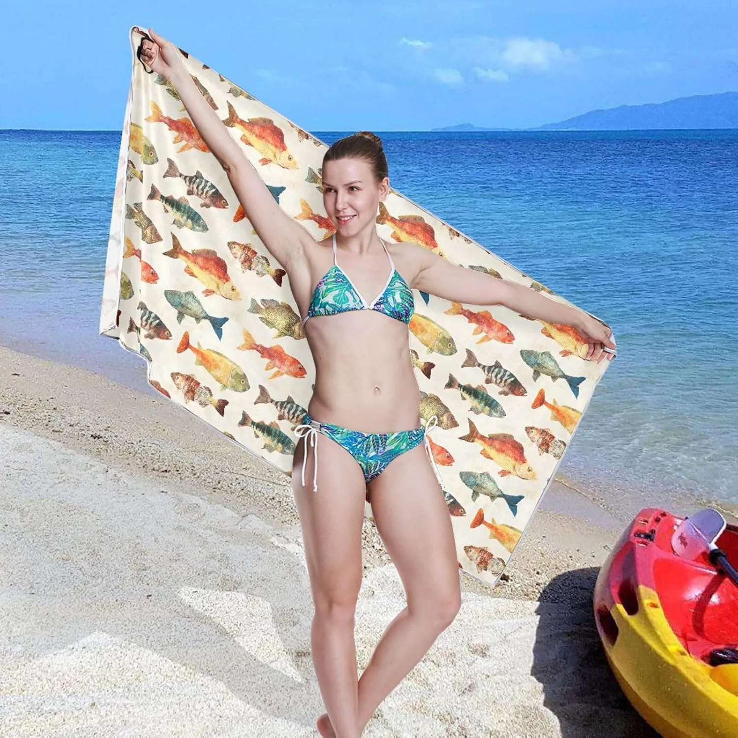 Beach Towel Fish Pattern Print Oversized Sand Free Quick Dry Lightweight with Storage Bag for Women Men 30x60 in
