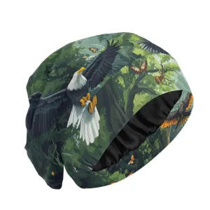 Beanie Hat Satin Bonnet Lined Sleep Cap Hair Wrap Cover Slouchy Beanie for Curly Hair Protection for Gifts for Men Women Bald Eagles and Forest Butterflies Bees