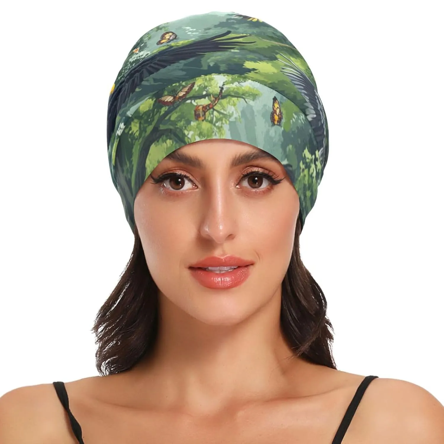 Beanie Hat Satin Bonnet Lined Sleep Cap Hair Wrap Cover Slouchy Beanie for Curly Hair Protection for Gifts for Men Women Bald Eagles and Forest Butterflies Bees