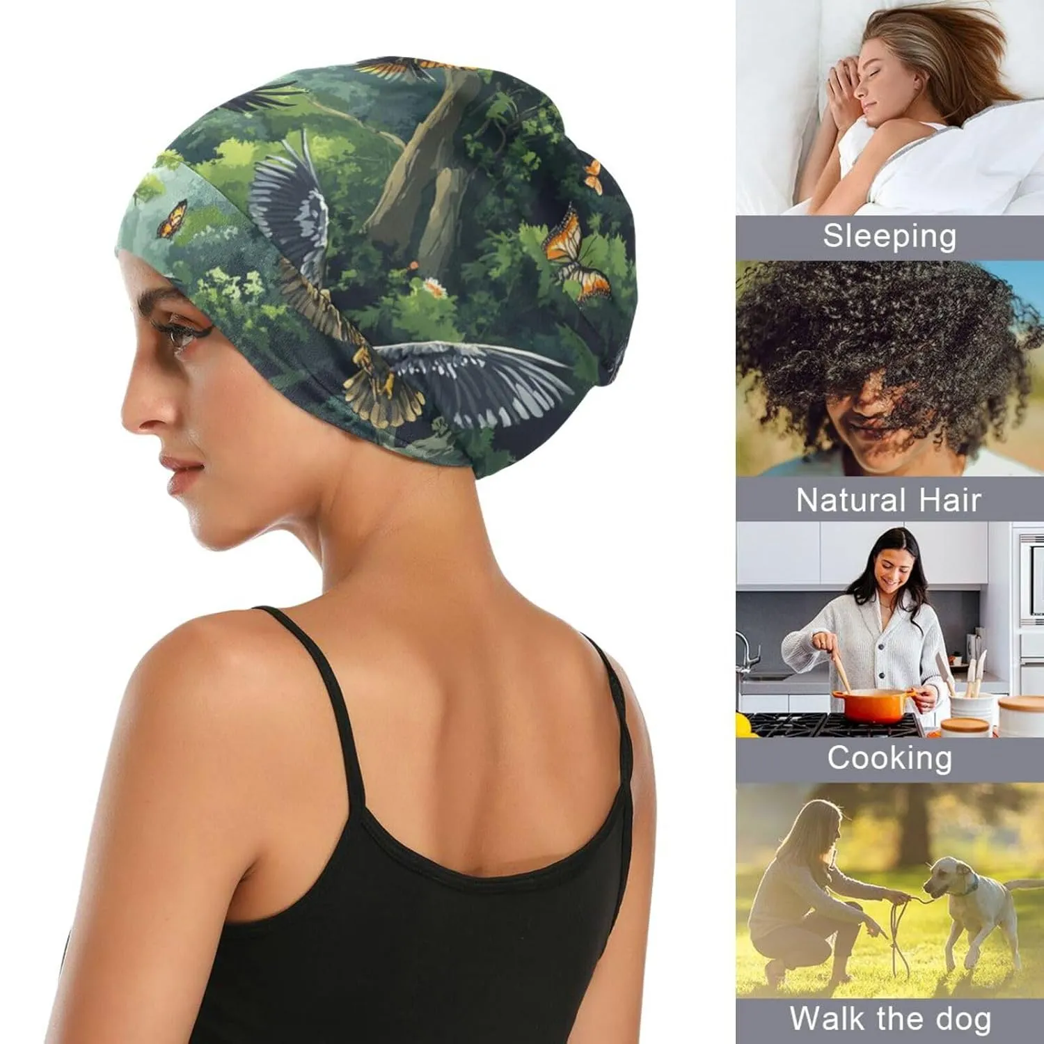 Beanie Hat Satin Bonnet Lined Sleep Cap Hair Wrap Cover Slouchy Beanie for Curly Hair Protection for Gifts for Men Women Bald Eagles and Forest Butterflies Bees