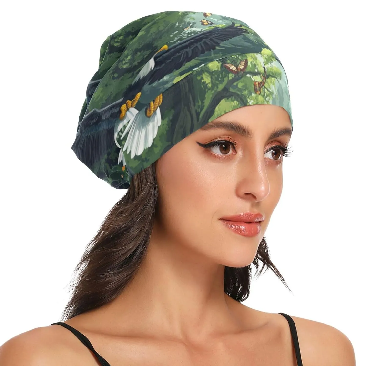 Beanie Hat Satin Bonnet Lined Sleep Cap Hair Wrap Cover Slouchy Beanie for Curly Hair Protection for Gifts for Men Women Bald Eagles and Forest Butterflies Bees