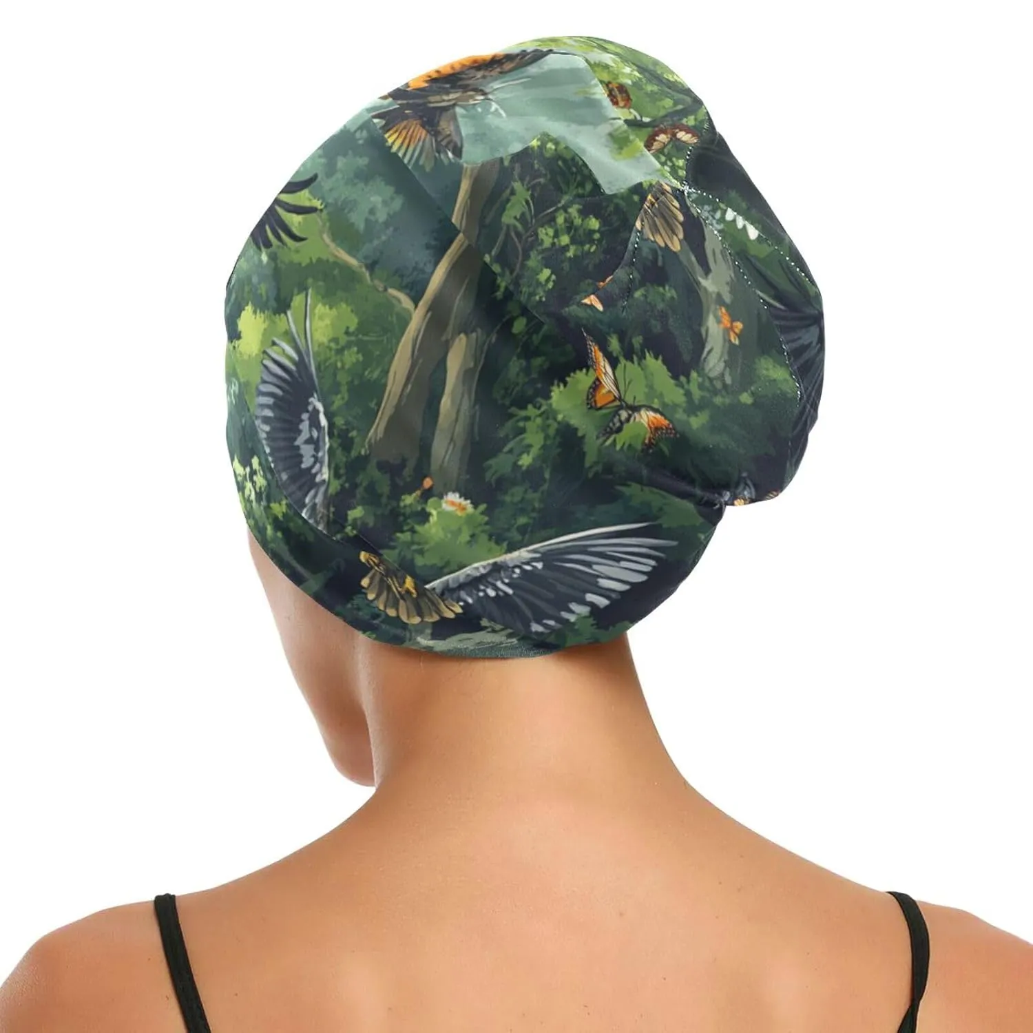 Beanie Hat Satin Bonnet Lined Sleep Cap Hair Wrap Cover Slouchy Beanie for Curly Hair Protection for Gifts for Men Women Bald Eagles and Forest Butterflies Bees