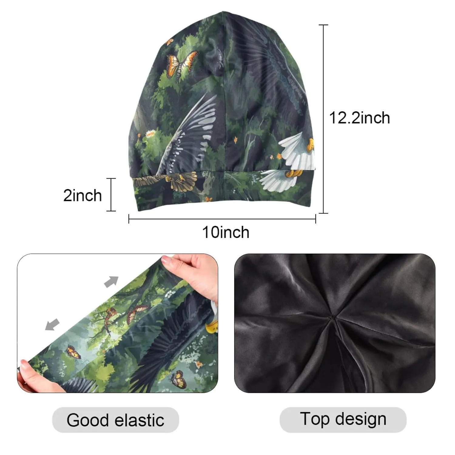 Beanie Hat Satin Bonnet Lined Sleep Cap Hair Wrap Cover Slouchy Beanie for Curly Hair Protection for Gifts for Men Women Bald Eagles and Forest Butterflies Bees