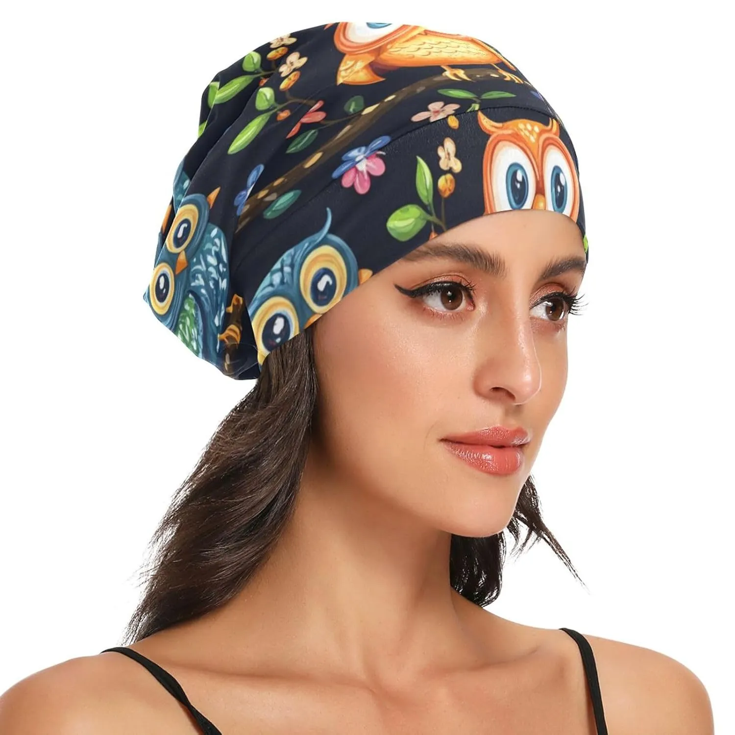 Beanie Hat Satin Bonnet Lined Sleep Cap Hair Wrap Cover Slouchy Beanie for Curly Hair Protection for Gifts for Men Women Vibrant Owls Branches Flowers Spring