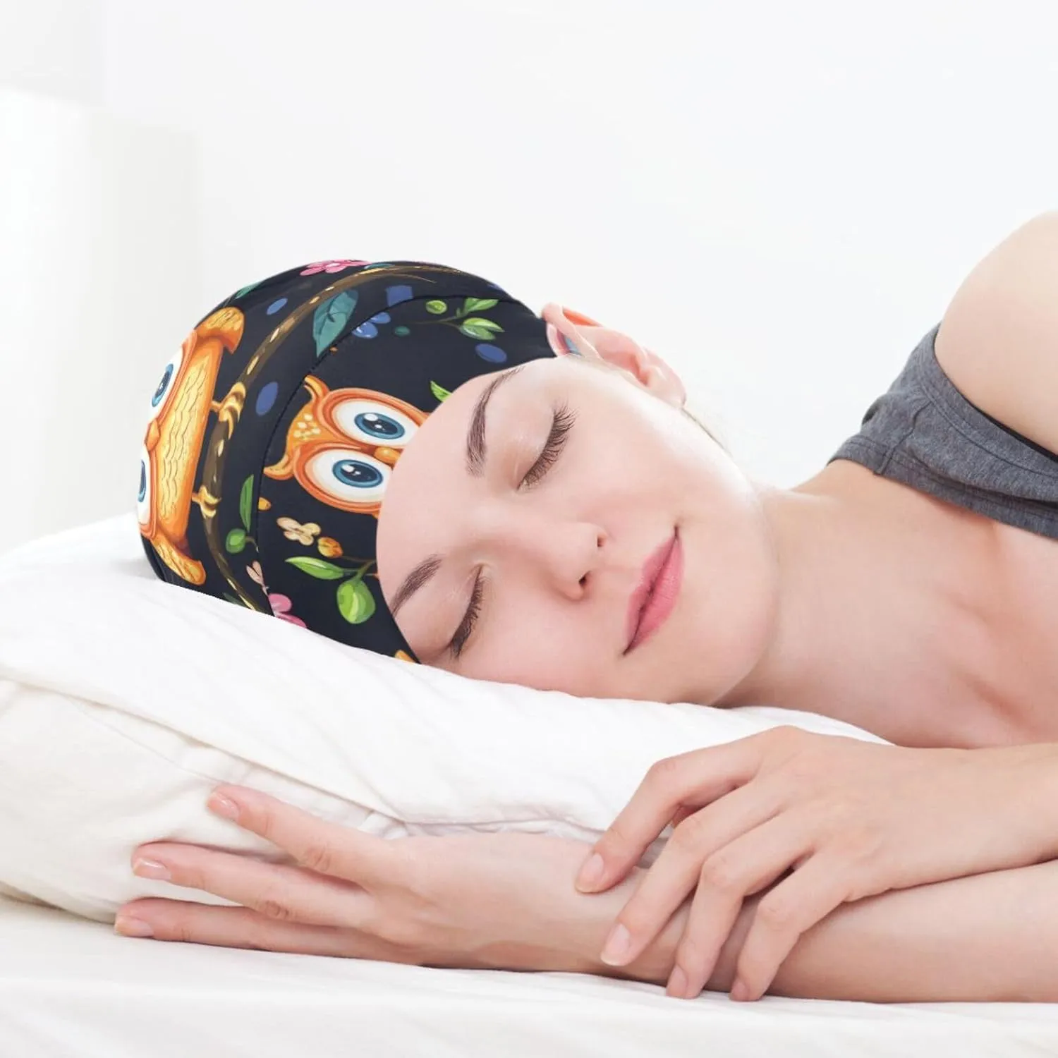 Beanie Hat Satin Bonnet Lined Sleep Cap Hair Wrap Cover Slouchy Beanie for Curly Hair Protection for Gifts for Men Women Vibrant Owls Branches Flowers Spring