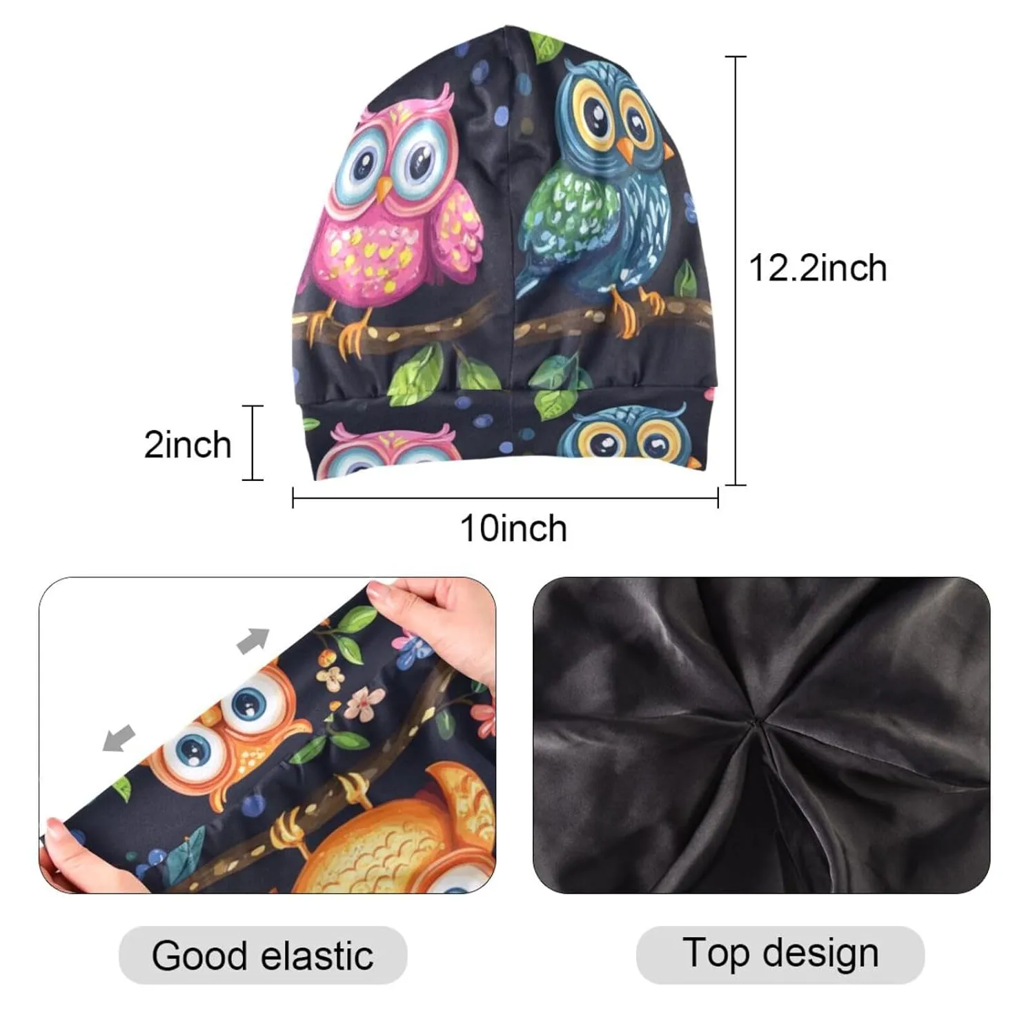 Beanie Hat Satin Bonnet Lined Sleep Cap Hair Wrap Cover Slouchy Beanie for Curly Hair Protection for Gifts for Men Women Vibrant Owls Branches Flowers Spring