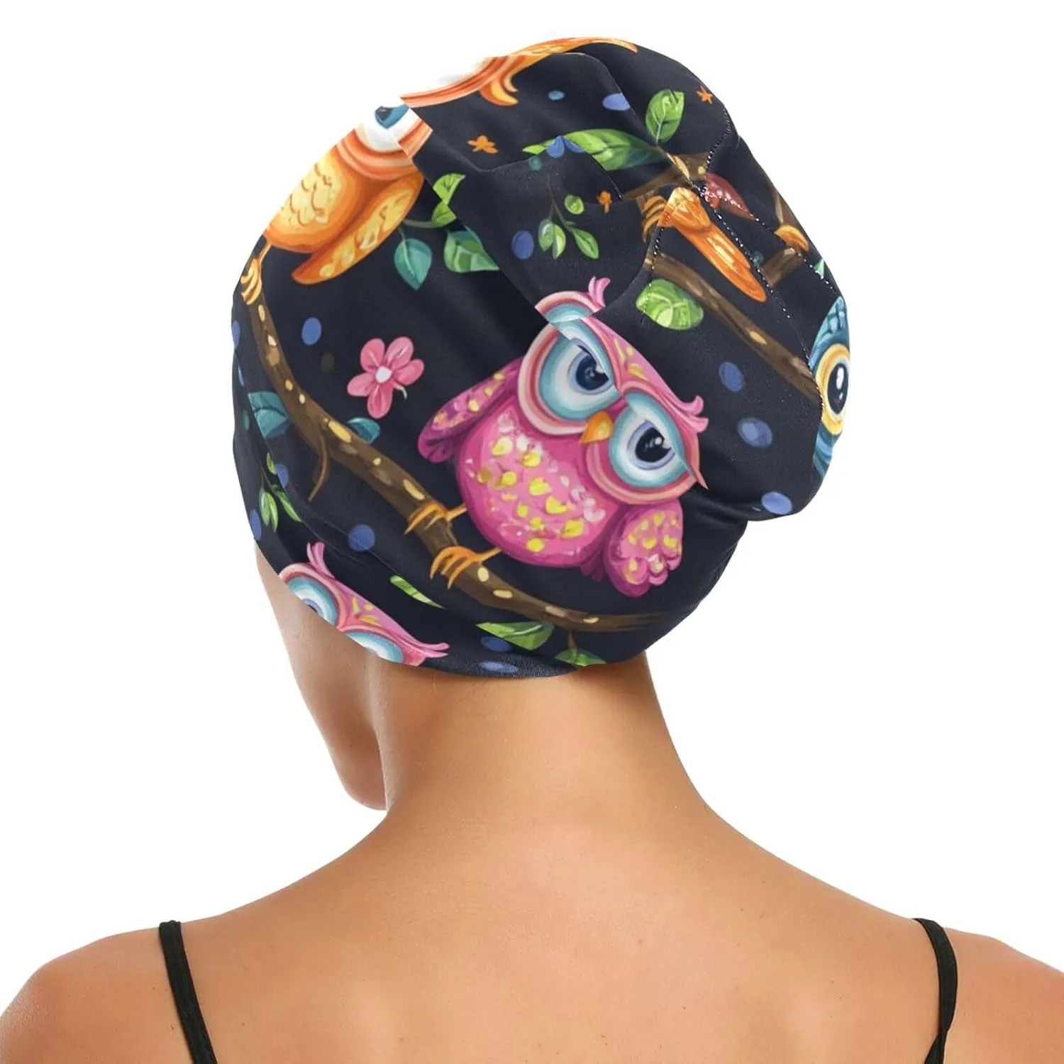 Beanie Hat Satin Bonnet Lined Sleep Cap Hair Wrap Cover Slouchy Beanie for Curly Hair Protection for Gifts for Men Women Vibrant Owls Branches Flowers Spring
