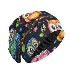 Beanie Hat Satin Bonnet Lined Sleep Cap Hair Wrap Cover Slouchy Beanie for Curly Hair Protection for Gifts for Men Women Vibrant Owls Branches Flowers Spring