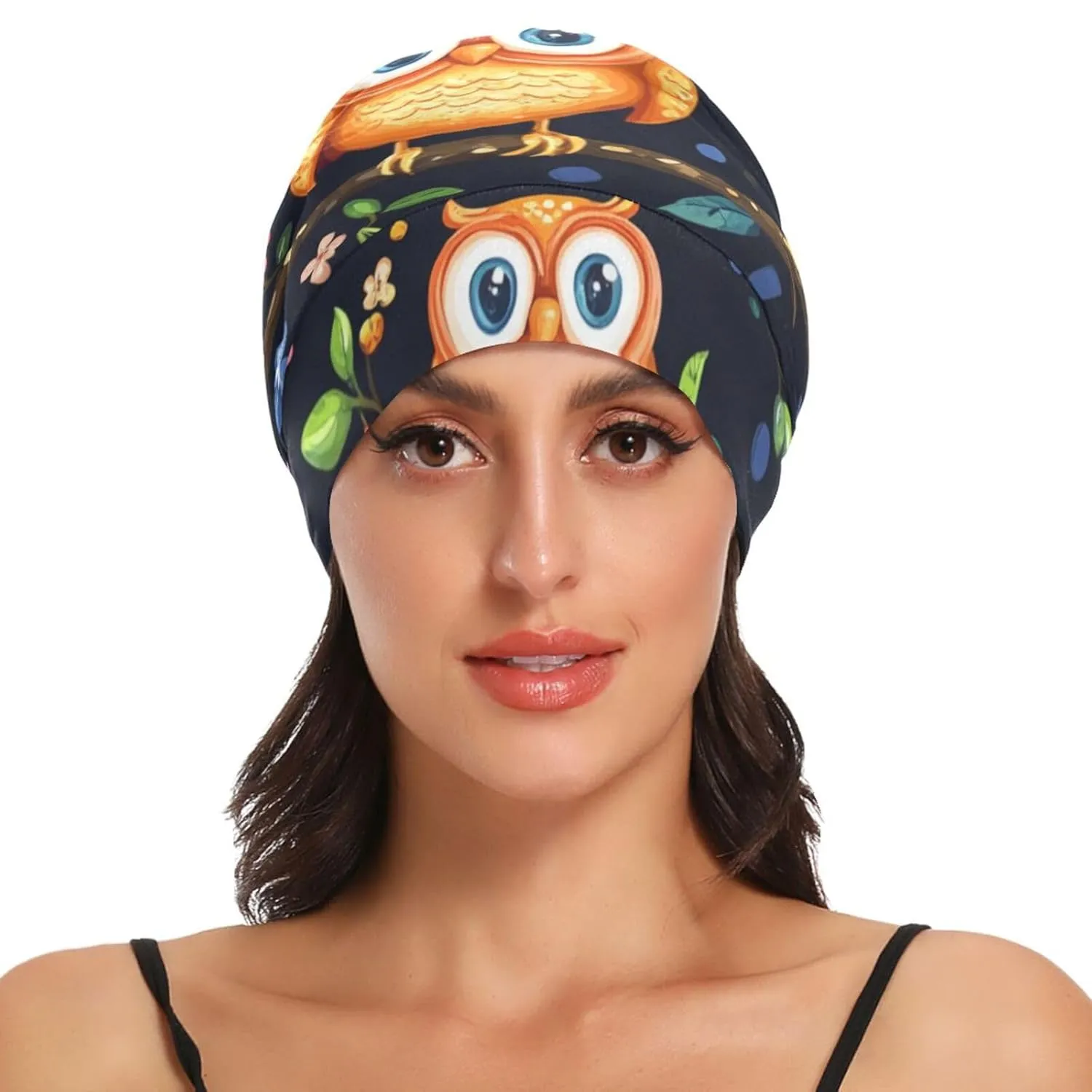 Beanie Hat Satin Bonnet Lined Sleep Cap Hair Wrap Cover Slouchy Beanie for Curly Hair Protection for Gifts for Men Women Vibrant Owls Branches Flowers Spring