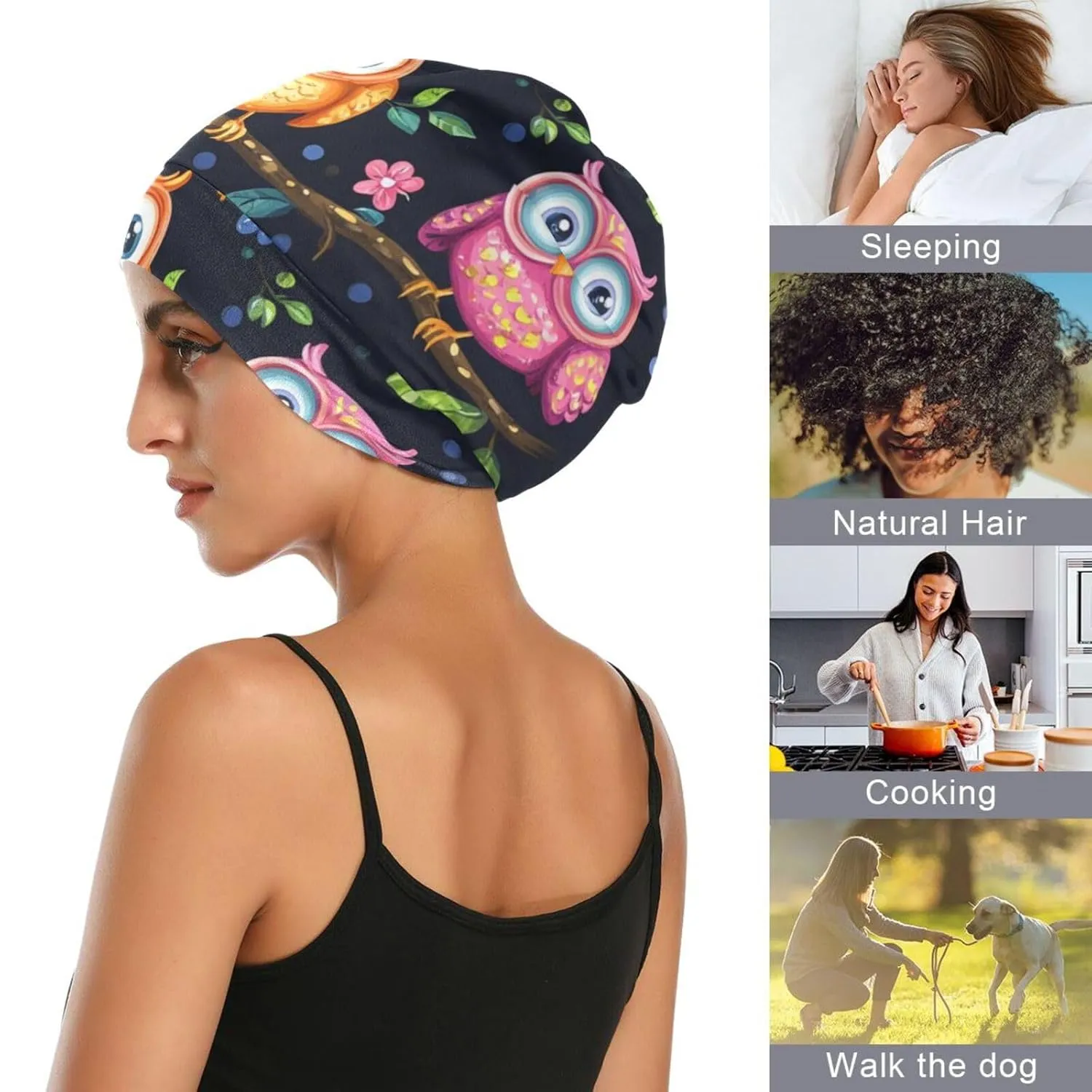 Beanie Hat Satin Bonnet Lined Sleep Cap Hair Wrap Cover Slouchy Beanie for Curly Hair Protection for Gifts for Men Women Vibrant Owls Branches Flowers Spring
