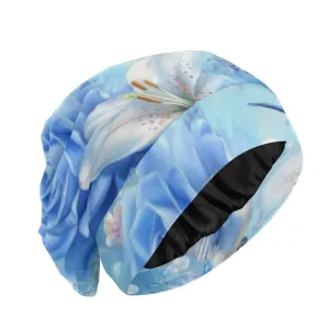 Beanie Hat Satin Bonnet Lined Sleep Cap Hair Wrap Cover Slouchy Beanie for Curly Hair Protection for Gifts for Men Women White Lily Blue Roses Hummingbird