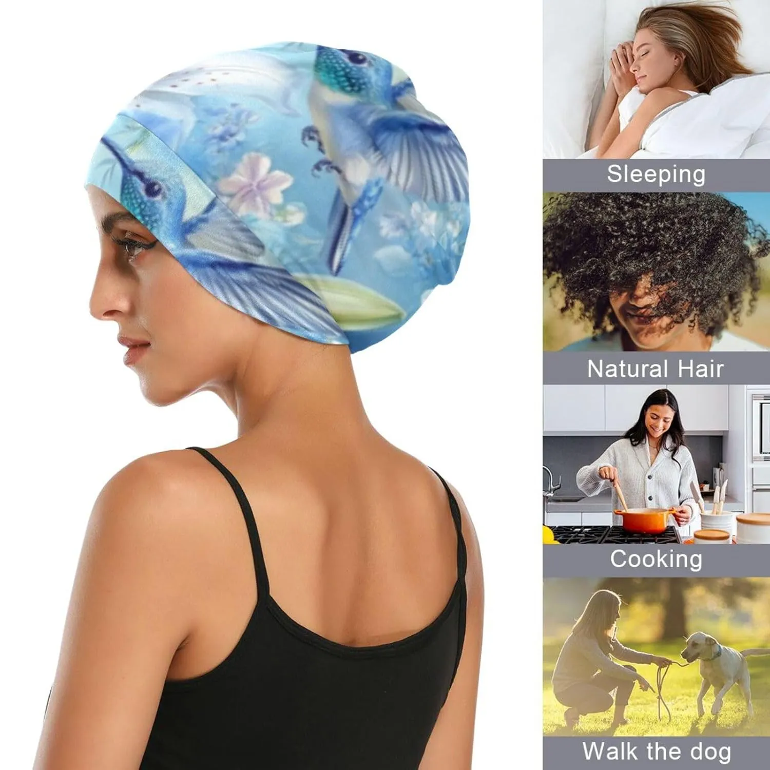 Beanie Hat Satin Bonnet Lined Sleep Cap Hair Wrap Cover Slouchy Beanie for Curly Hair Protection for Gifts for Men Women White Lily Blue Roses Hummingbird