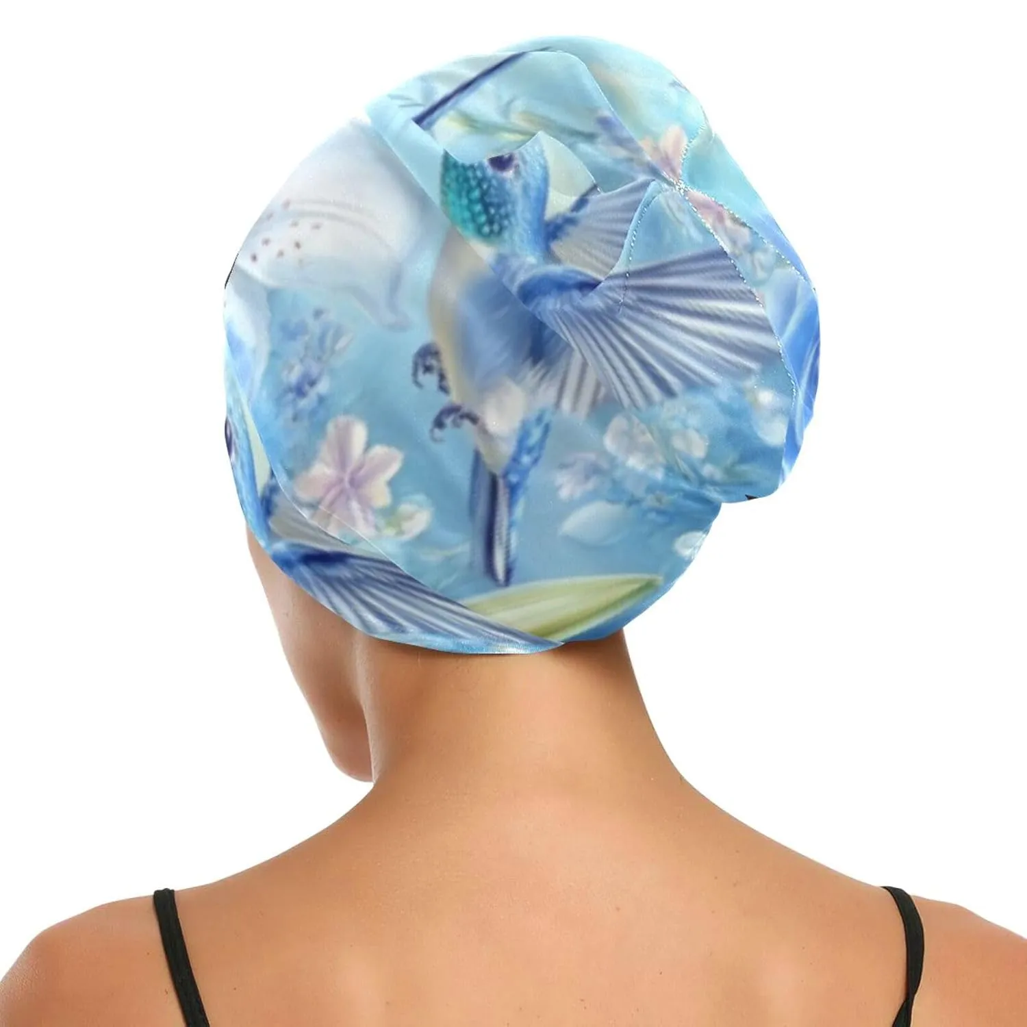 Beanie Hat Satin Bonnet Lined Sleep Cap Hair Wrap Cover Slouchy Beanie for Curly Hair Protection for Gifts for Men Women White Lily Blue Roses Hummingbird