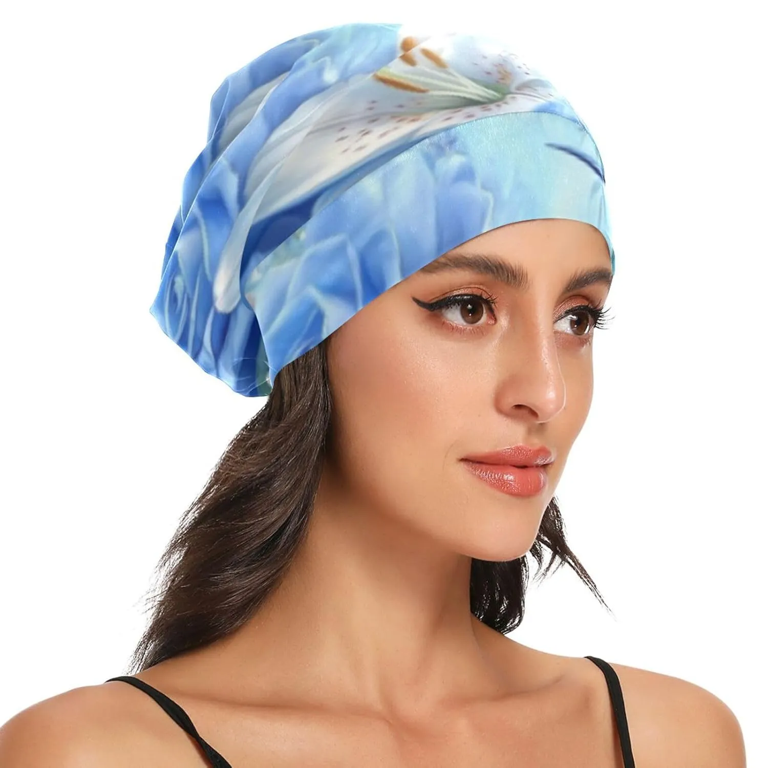 Beanie Hat Satin Bonnet Lined Sleep Cap Hair Wrap Cover Slouchy Beanie for Curly Hair Protection for Gifts for Men Women White Lily Blue Roses Hummingbird