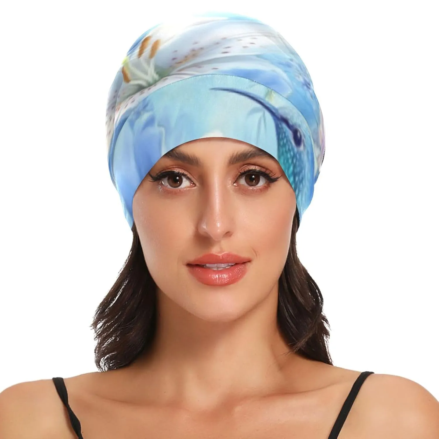 Beanie Hat Satin Bonnet Lined Sleep Cap Hair Wrap Cover Slouchy Beanie for Curly Hair Protection for Gifts for Men Women White Lily Blue Roses Hummingbird