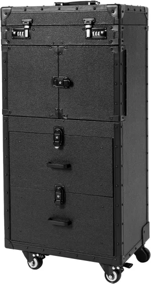 Beauty Salon Luggage With Metal Universal Wheel, Makeup Rolling Train Case, 32 In-Retro Travel Organizer Tool Box with Combination Locks for Stylist, Beauty, Makeup Artist (Black)