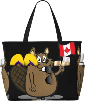 Beaver Print Large Capacity Beach Travel Bag with Zipper and Pockets for Camping Travel Gym