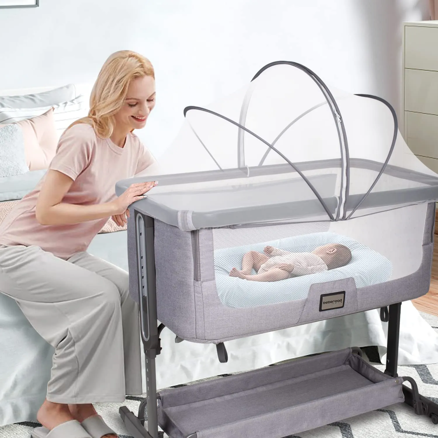 Beberoad Love Bassinet Cover Mosquito Net Cover with 2-Way Zipper Mosquito Net for Bassinet/Bedside Sleeper/Travel Crib (White)