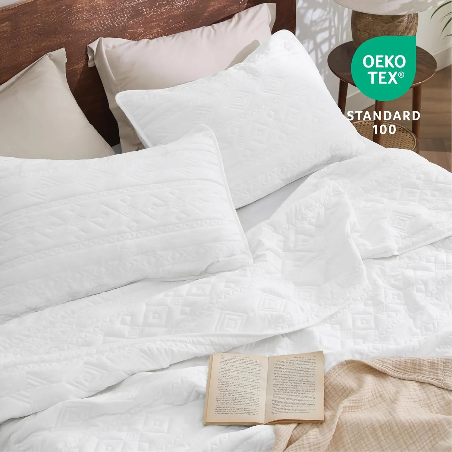Bedsure Boho Quilt King Size - Lightweight Soft Bedspread Coverlet for All Seasons, Farmhouse Geometric Stitched Pattern Bedding Set with 2 Pillow Shams, White, 106x96 inches