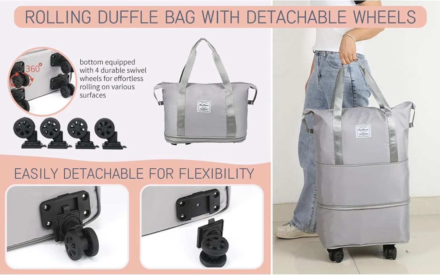 Beente Travel Bag With Wheels, 2025 New Large Capacity Travel Bag - Universal Wheel Removable, Expandable Foldable, Weekend Carry On Luggage Bag (Gray)