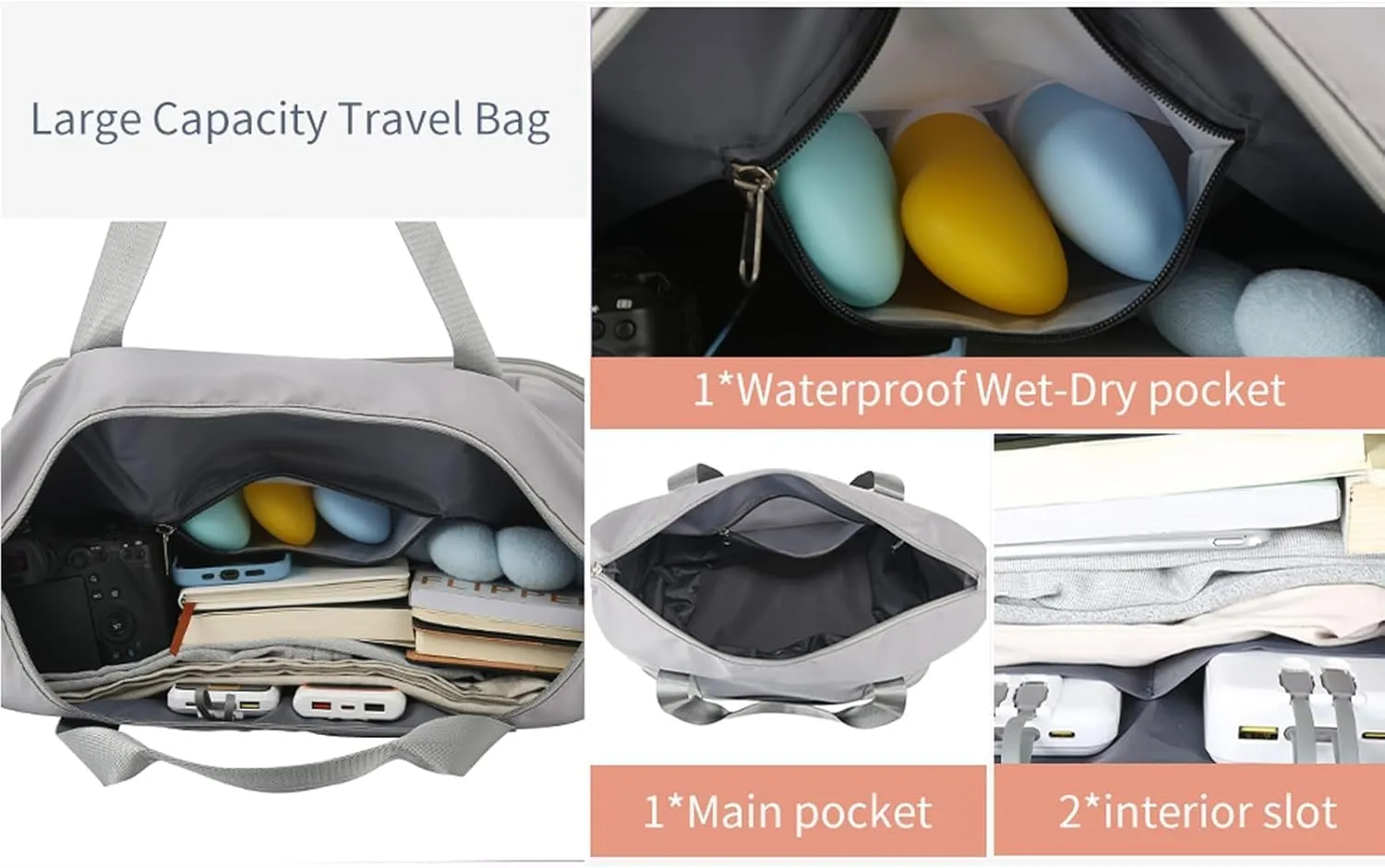 Beente Travel Bag With Wheels, 2025 New Large Capacity Travel Bag - Universal Wheel Removable, Expandable Foldable, Weekend Carry On Luggage Bag (Gray)