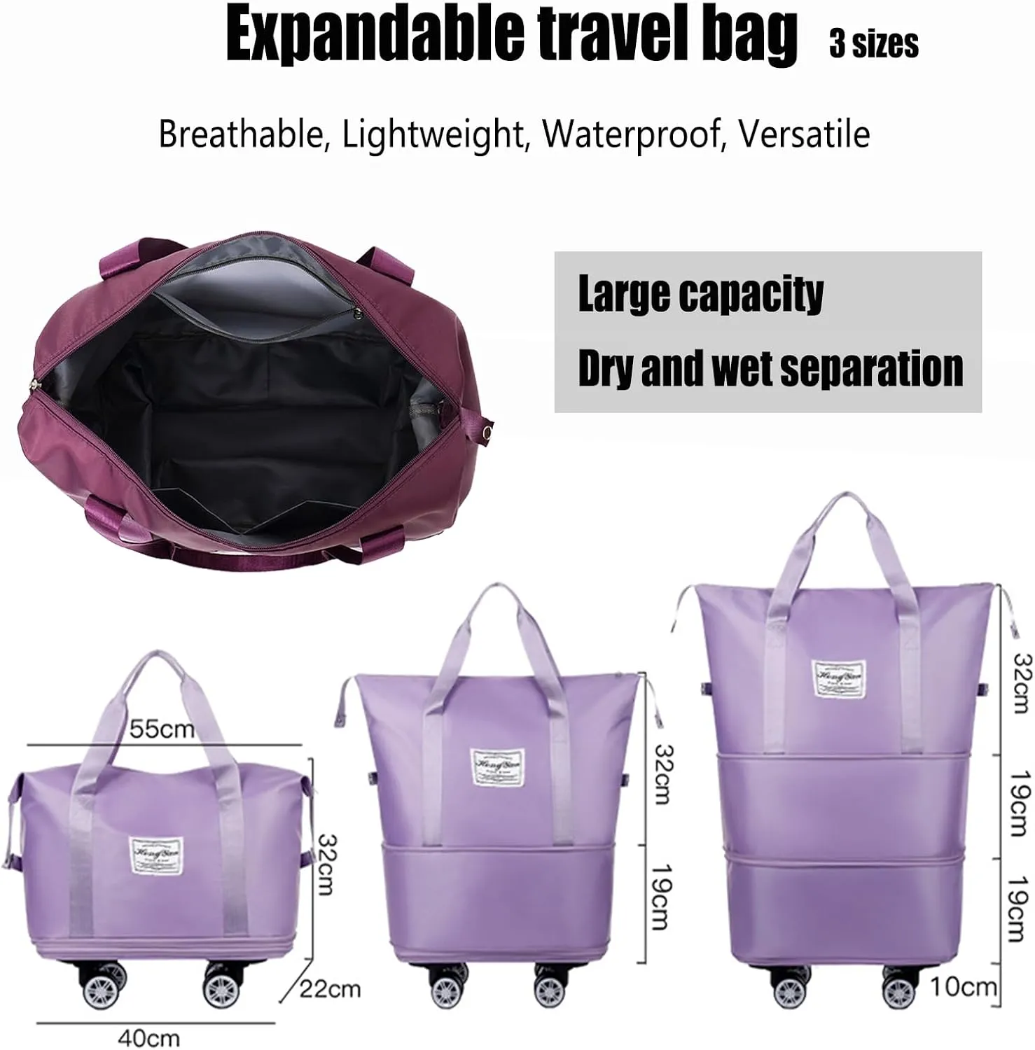 Beente Travel Bag With Wheels, 2025 New Large Capacity Travel Bag - Universal Wheel Removable Silent, Expandable Foldable Carry-On Luggage Bags, For Travel (Purple)
