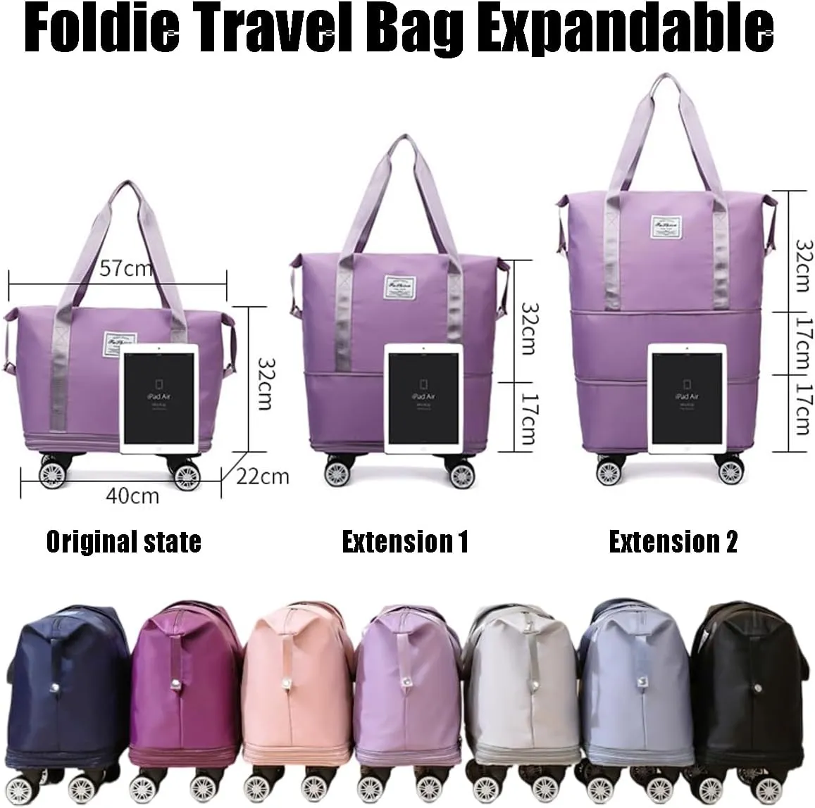 Beente Travel Bag with Wheels, Kulken Travel Bag, 2025 New Large Capacity, Foldie Expandable - Lightweight Carry (Dark Purple)