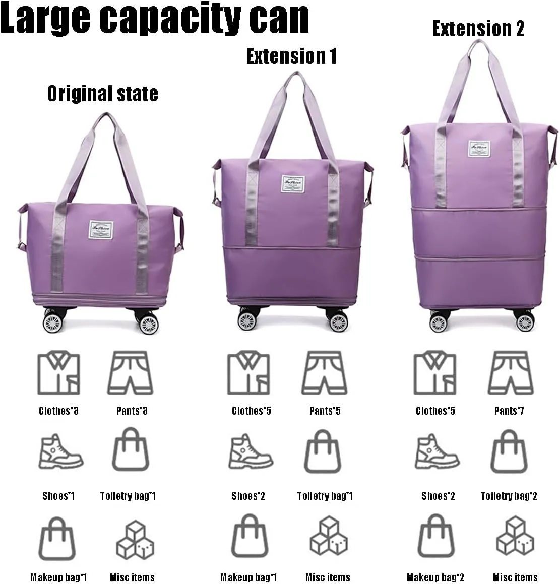 Beente Travel Bag with Wheels, Kulken Travel Bag, 2025 New Large Capacity, Foldie Expandable - Lightweight Carry (Dark Purple)