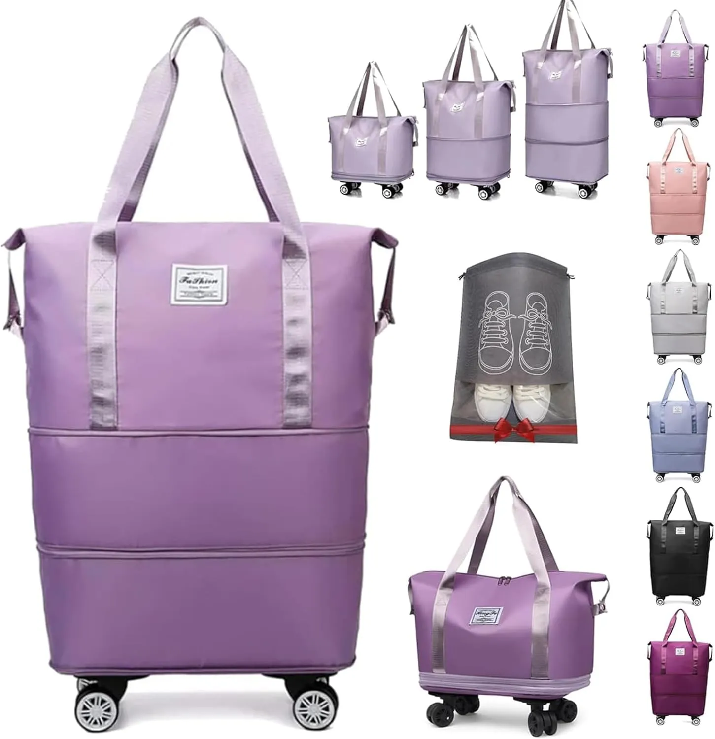 Beente/Pepepo/Kulken Travel Bag with Wheels, 2025 New Large Capacity Travel Bag with Wheels - Universal Wheel Removable, Wide-Open Travel (Light Purple)