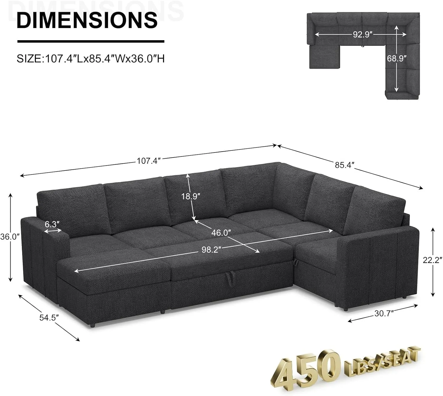 Belffin Modular Sectional Sleeper Sofa with Pull Out Couch, U Shaped Sleeper Pull Out Bed, Convertible Sectional Couches for Living Room, Dark Grey