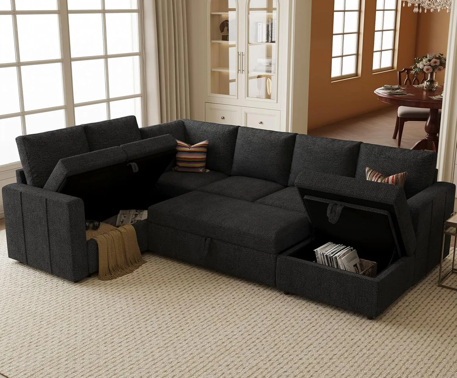 Belffin Modular Sectional Sleeper Sofa with Pull Out Couch, U Shaped Sleeper Pull Out Bed, Convertible Sectional Couches for Living Room, Dark Grey