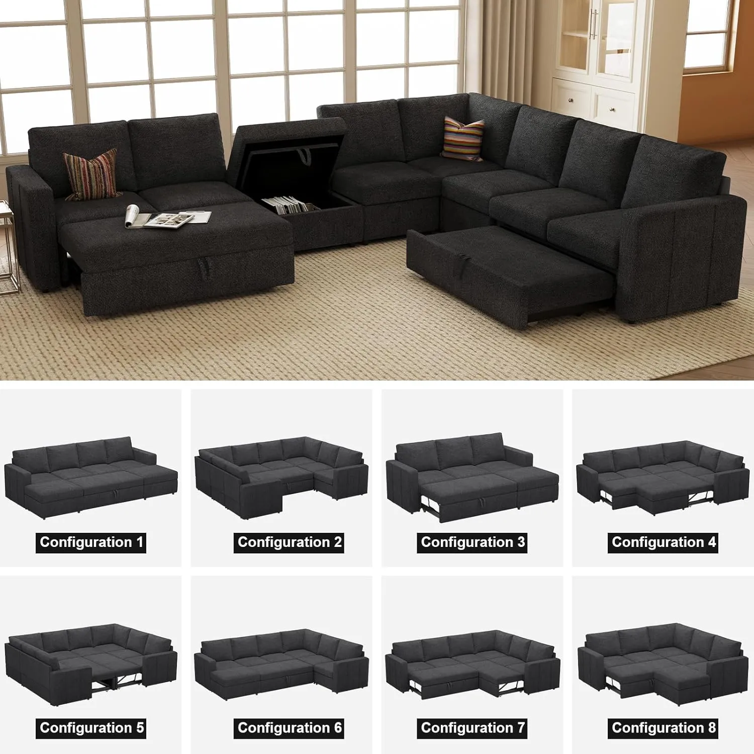Belffin Modular Sectional Sleeper Sofa with Pull Out Couch, U Shaped Sleeper Pull Out Bed, Convertible Sectional Couches for Living Room, Dark Grey