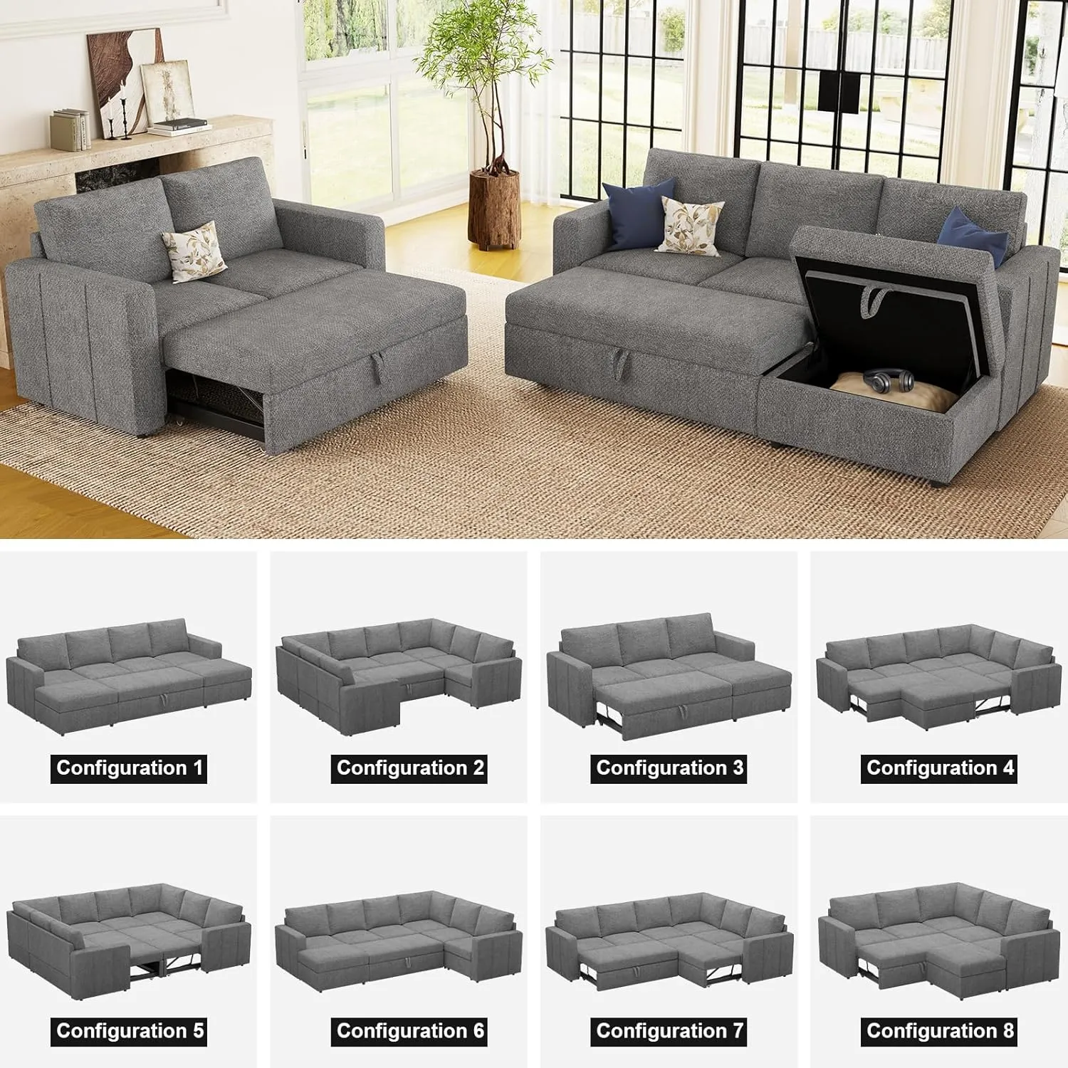Belffin Modular Sectional Sleeper Sofa with Pull Out Couch, U Shaped Sleeper Pull Out Bed, Convertible Sectional Couches for Living Room, Light Grey
