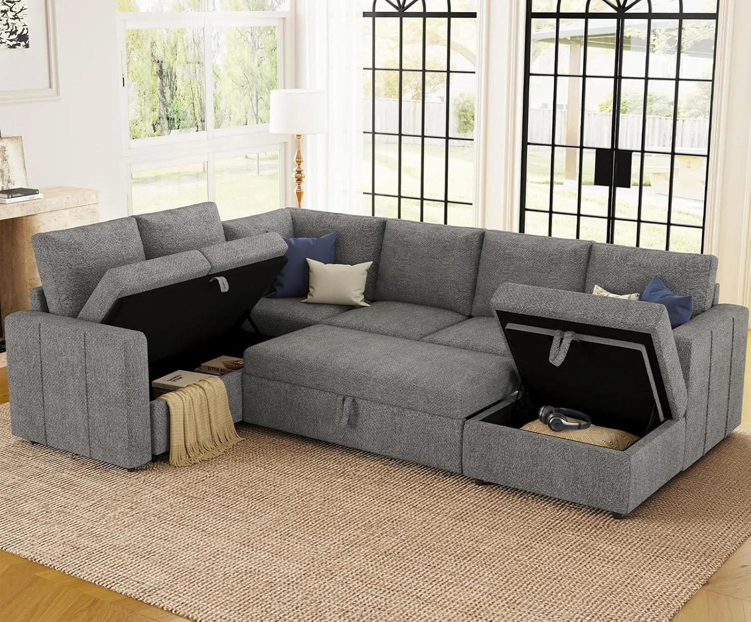 Belffin Modular Sectional Sleeper Sofa with Pull Out Couch, U Shaped Sleeper Pull Out Bed, Convertible Sectional Couches for Living Room, Light Grey