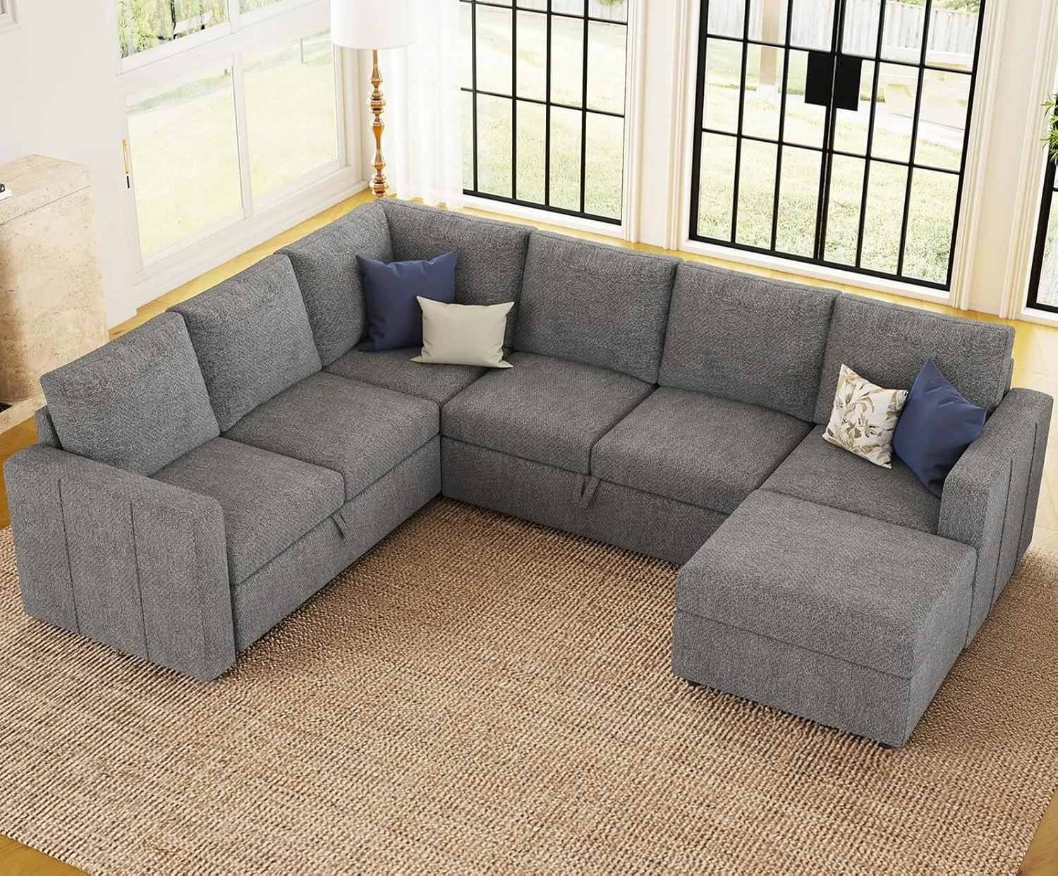 Belffin Modular Sectional Sleeper Sofa with Pull Out Couch, U Shaped Sleeper Pull Out Bed, Convertible Sectional Couches for Living Room, Light Grey