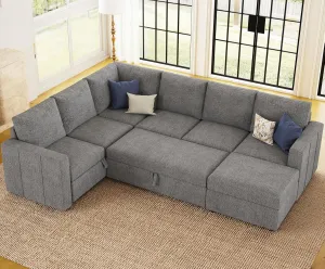 Belffin Modular Sectional Sleeper Sofa with Pull Out Couch, U Shaped Sleeper Pull Out Bed, Convertible Sectional Couches for Living Room, Light Grey