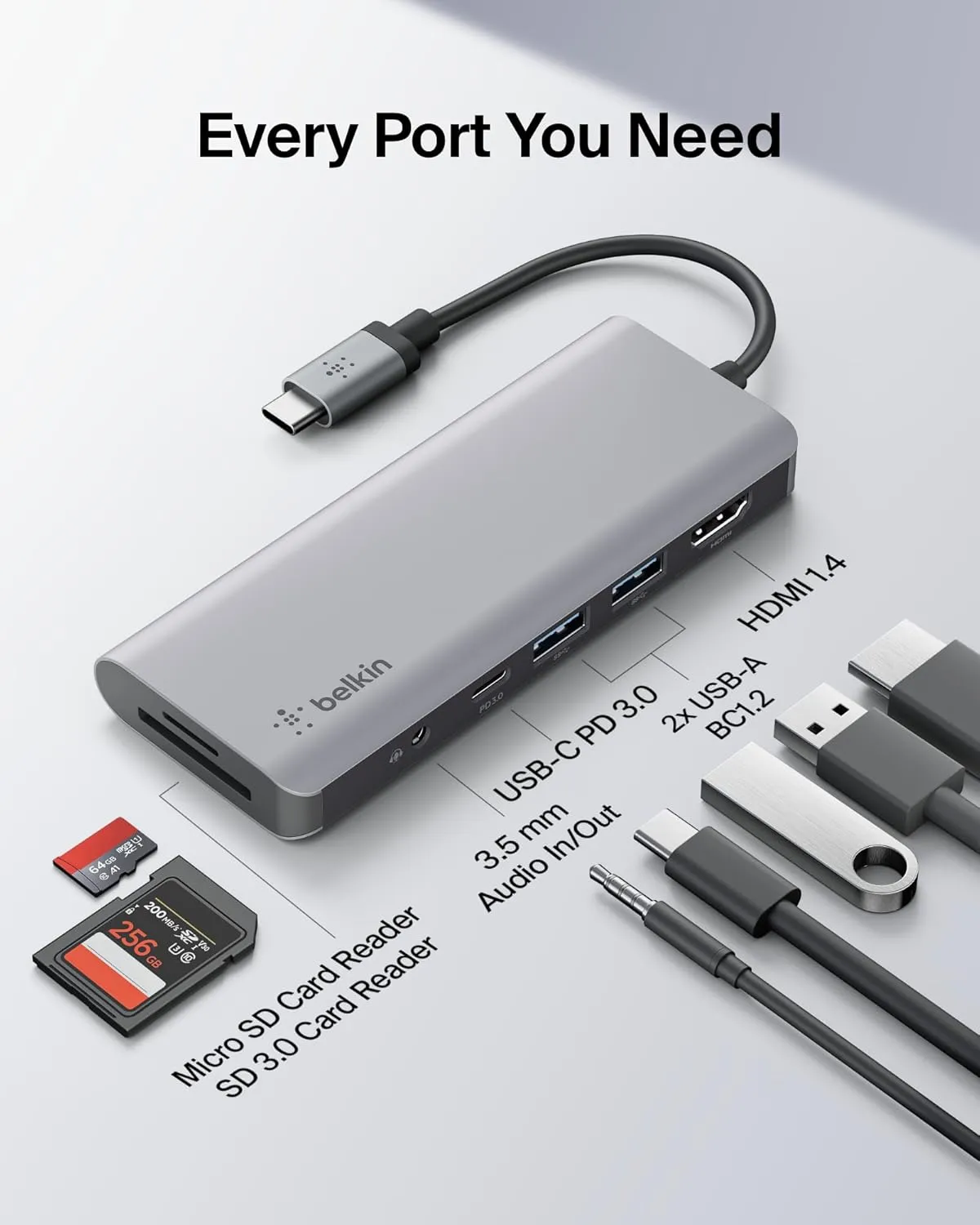 Belkin USB-C Hub, 7-in-1 MultiPort Docking Station for MacBook & Windows - 85W USB-C Power Delivery 3.0, 4K HDMI 1.4, 2x USB-A 3.0, SD 3.0, Micro SD 3.0, & 3.5mm Audio Jack